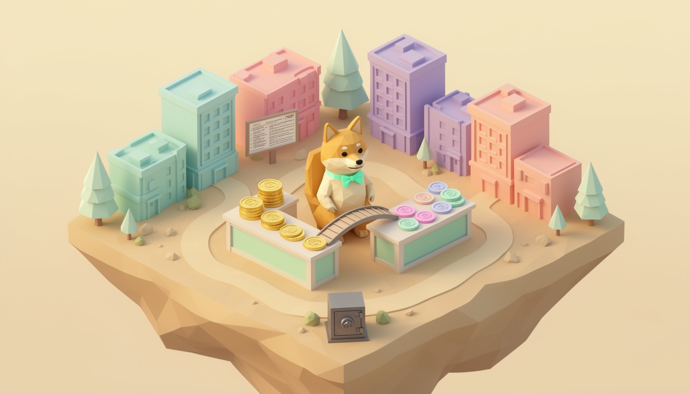 Low-poly Credit District with Chairpup between two settlement counters