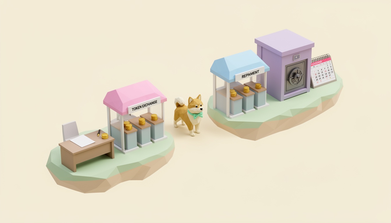 Low-poly lending journey from a proposal desk through token exchange and repayment to a vault and calendar